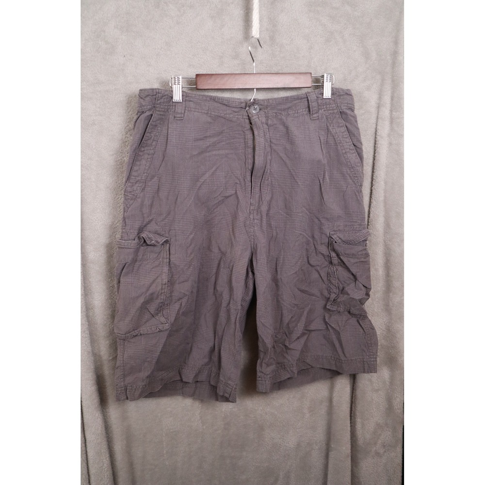 US Expedition Mens Grey Micro Check Cargo Shorts Size 36 Cotton Utility Pockets